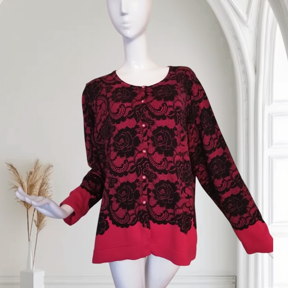 Isaac Mizrahi Sweaters - Isaac Mizrahi Pink and Black Lace-Overlay Button Cardigan